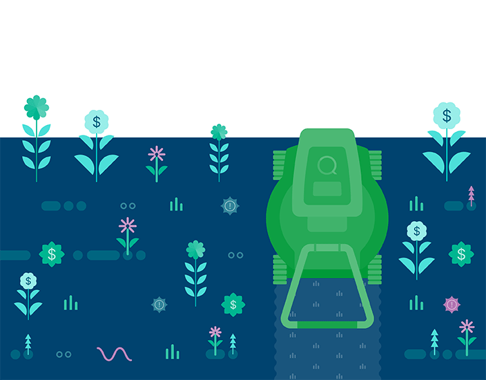 A green lawn mower with Qlik logo cutting through a lawn of money flower icons