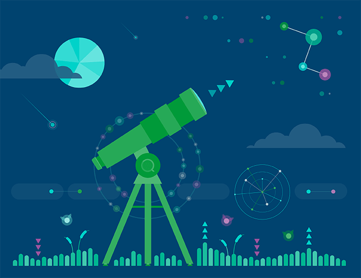 Green telescope with Qlik logo aimed at a sky filled with icons and data in a flat design style