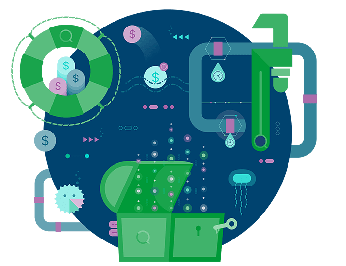 Blue circle decorated with icons of a treasure chest and money symbols.