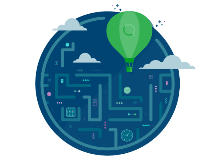 A maze-like illustration featuring icons of calendars and clocks, ending with a green balloon rising above it all