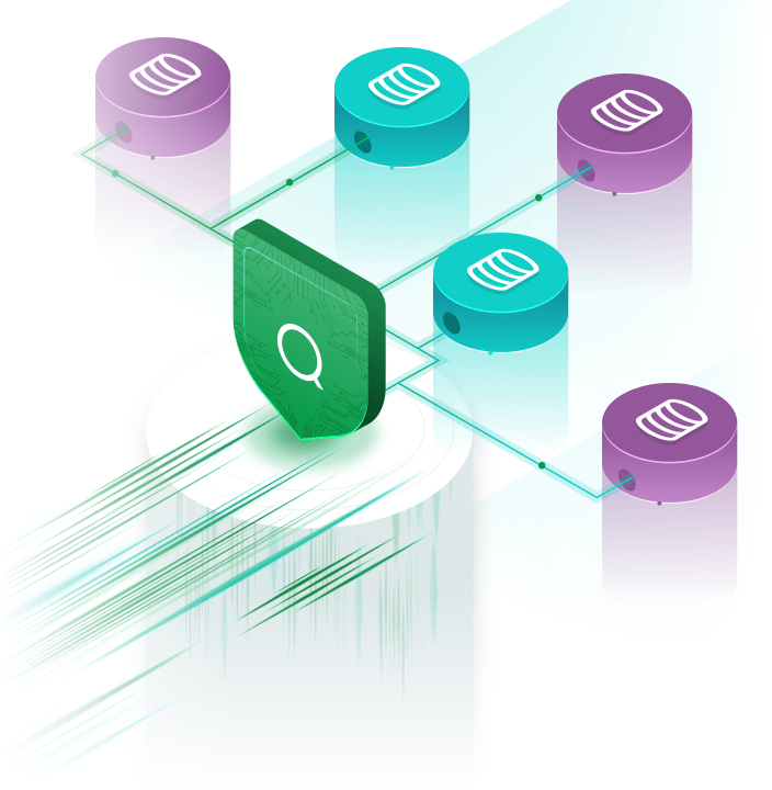 Illustration of Qlik data access governance showing secure centralized control connecting multiple data sources for unified visibility, protection, and optimized data flow.
