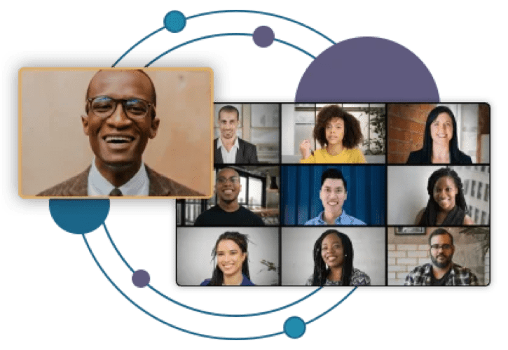 A grid of people in a virtual meeting with one highlighted participant on the left, connected by circles and lines.