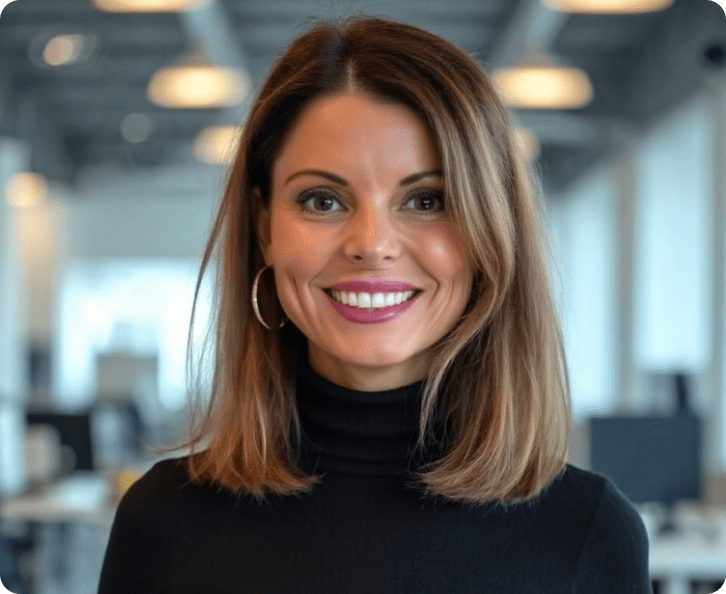 Portrait of Natalie Greenwood, Senior Director Advisory, wearing a black turtleneck, smiling in an office setting. 