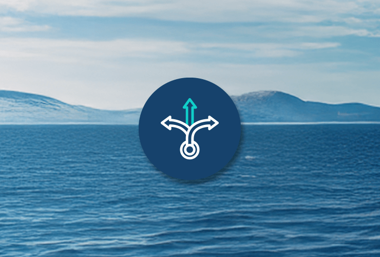 Blue badge in center featuring a source circle directing into 3 arrows, symbolizing customized tracks, set against a mountain and sea backdrop.