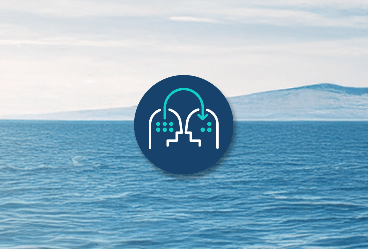 Blue badge featuring two human outlines and an arrow, symbolizing innovation and guidance from expert data presenters, set against a mountain and sea backdrop.