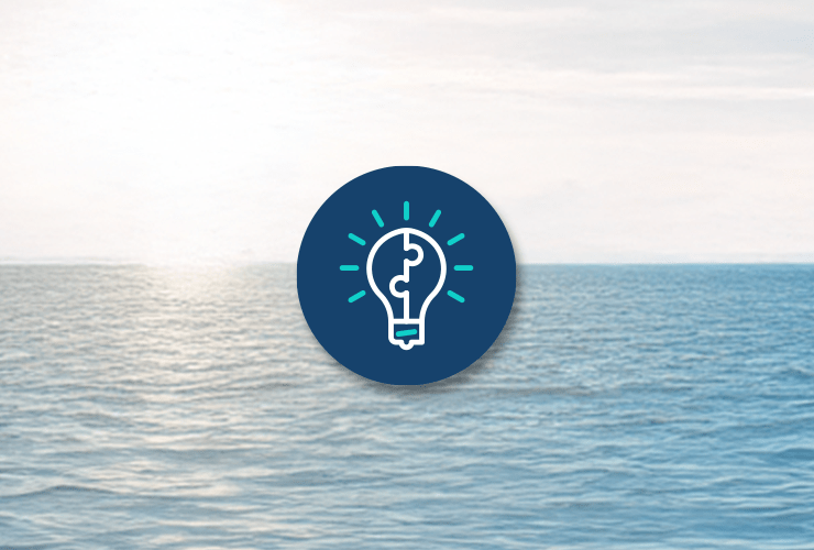 A blue light bulb shines in the center against the ocean backdrop, with a bright sun symbolizing innovation and creative ideas.