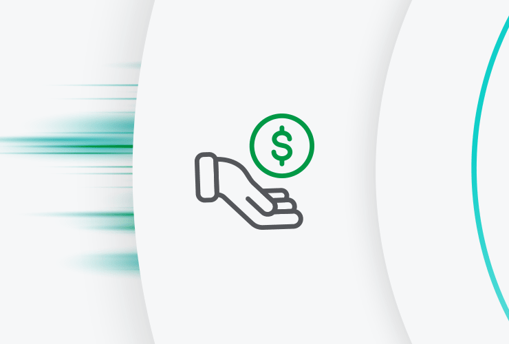 Minimalist icon of a hand holding a green dollar coin, symbolizing revenue, payments, or financial growth, with teal motion lines on the left. 