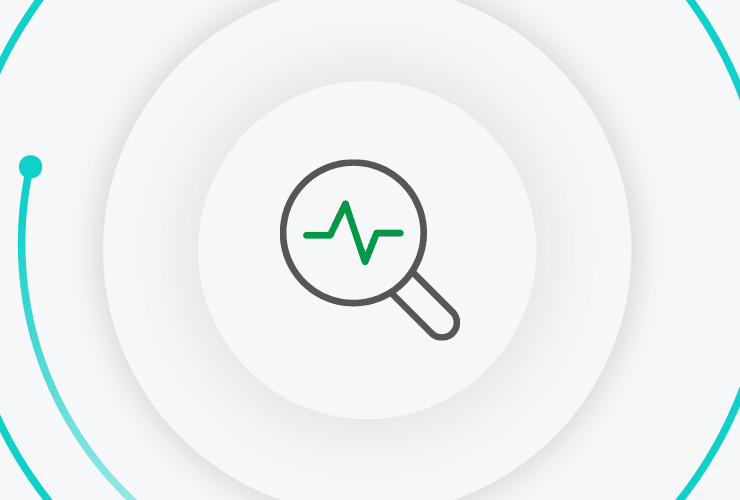 Magnifying glass icon with a green analytics pulse line, symbolizing data monitoring, insights, and performance analysis on a white background.