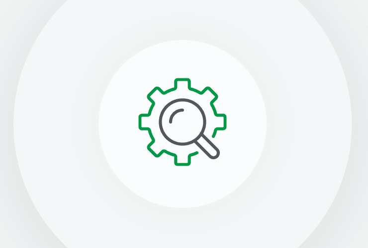 An icon featuring a green gear outline with a gray magnifying glass centered inside it.