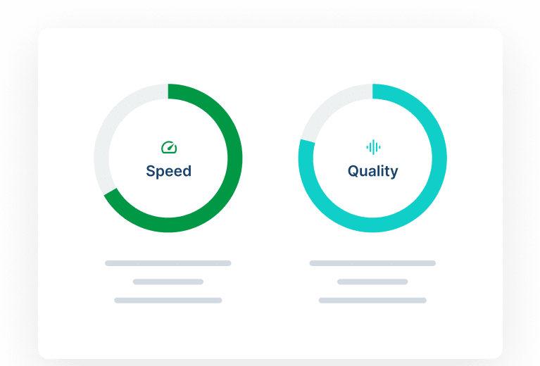 Two circular gauge charts: a green ring labeled Speed on the left and a teal ring labeled Quality on the right, each with small gray text below.