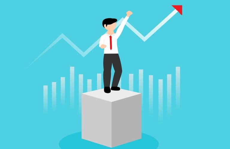 A graphic of a person in business attire standing on a block, raising one arm upward with an ascending arrow and bar graph in the background, symbolizing growth or success.