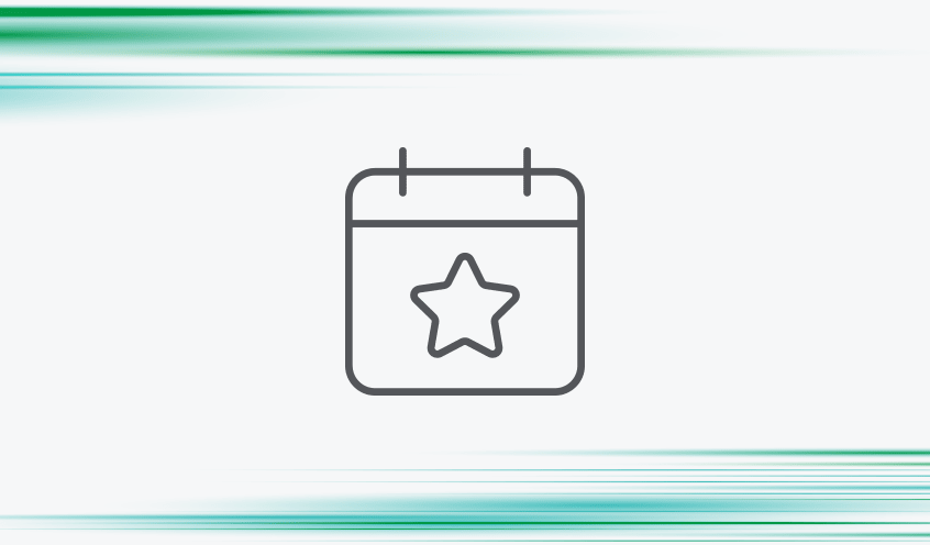 Gray calendar icon with a star in the center on a light stone background with green and teal contrails.
