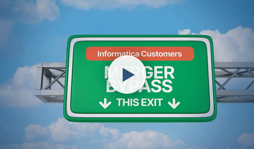 Green freeway sign reading "Informatica Customers: Merger Bypass" with downward arrows indicating the exit.