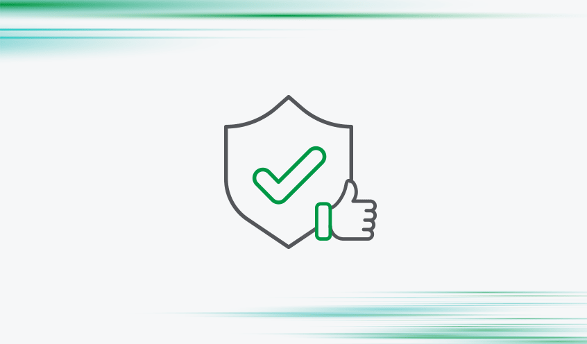 Shield icon with a green checkmark and a hand giving a thumbs-up, signifying security, reliability, or approval.