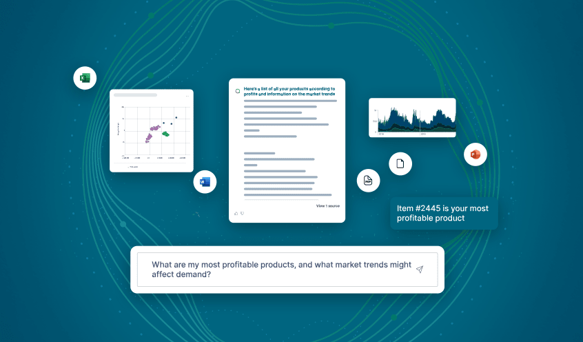 Data‑themed graphic showing charts, a document summarizing insights, and a highlighted note stating ‘Item #2445 is your most profitable product,’ with a query box asking about profitable products and market trends.