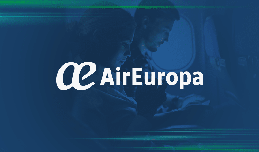 Air Europa logo featuring a man and woman sit side by side inside an airplane looking at their smartphones in the background.