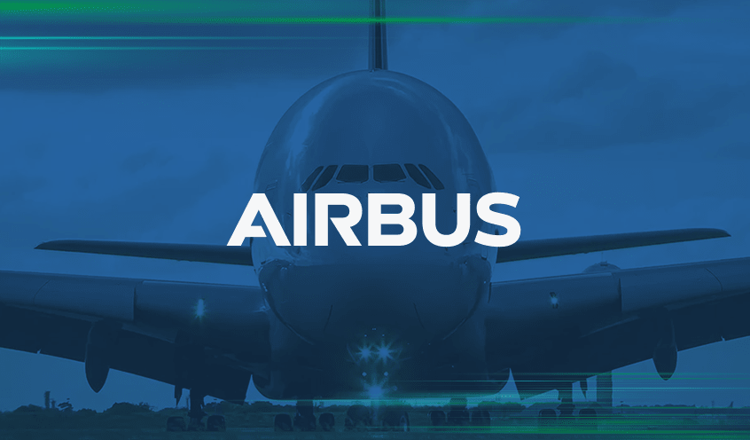 Front view of an Airbus aircraft on a runway with the word "AIRBUS" overlaid on the image.