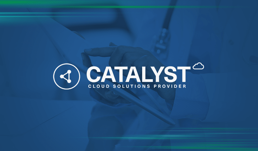 Image featuring Catalyst Cloud logo with background of a doctor in white coat reviewing patient data on a tablet.