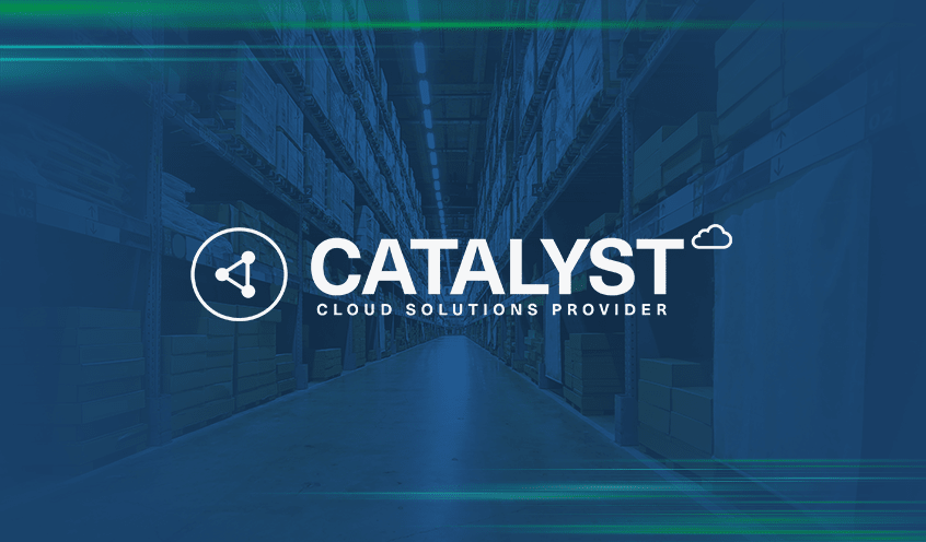 Image of a warehouse aisle stocked with products, highlighted by a Catalyst Cloud logo overlay.