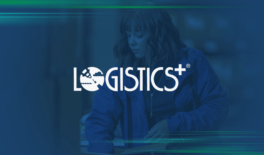 The image shows the logo of Logistics Plus, overlaid on a blurred background of a woman in a blue Logistics Plus logo jacket working diligently in a warehouse.
