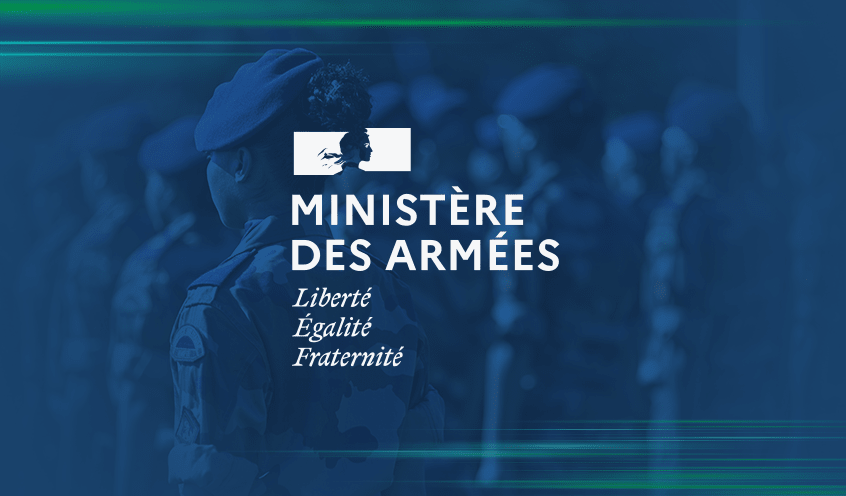 The image shows the logo of Ministère des Armées, overlaid on a blurred background of a female officer in military attire stands in front of a group of soldiers.