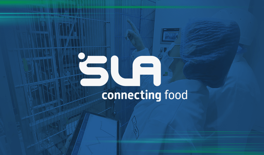 Two scientists in lab coats focused on a tablet in a food production environment. The SLA logo is prominently displayed over the image.