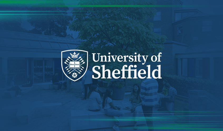 University of Sheffield logo overlaying a blurred image of groups of students converse while sitting on benches in a university courtyard surrounded by trees.