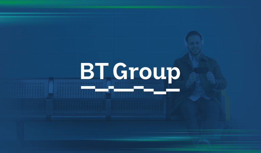 The image shows the logo of BT Group, overlaid on a blurred background of a man wearing headphones sits on a bench in a subway station, focused on his phone.