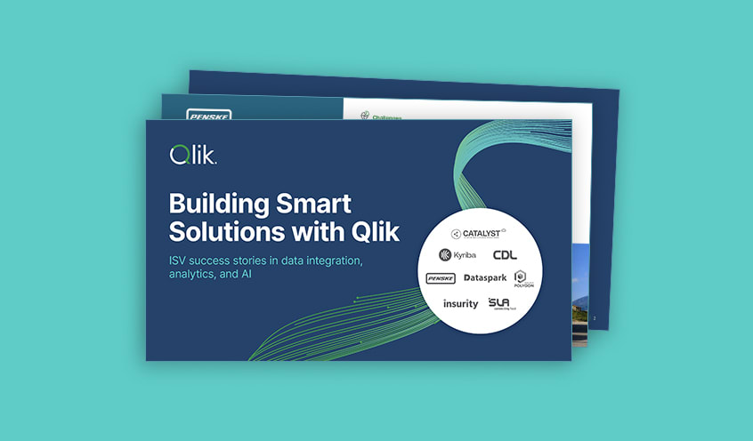 A promotional graphic with a dark blue card on a bright turquoise background. The text "Building Smart Solutions with Qlik" is in white, and a white circle on the right displays several partner logos.