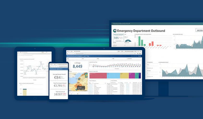 A series of devices displaying various graphs, charts, and dashboards depicting data analytics and statistics on screens, set against a blue background.