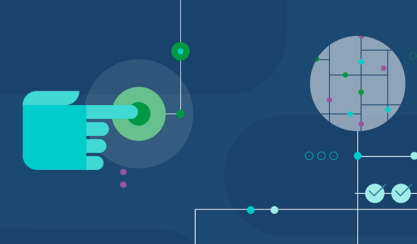 Illustration einer Hand, die auf einen verbundenen Knoten in einem Netzwerkdiagramm drückt, wobei Linien und Punkte Datenverbindungen und automatisierte Entscheidungsabläufe darstellen.