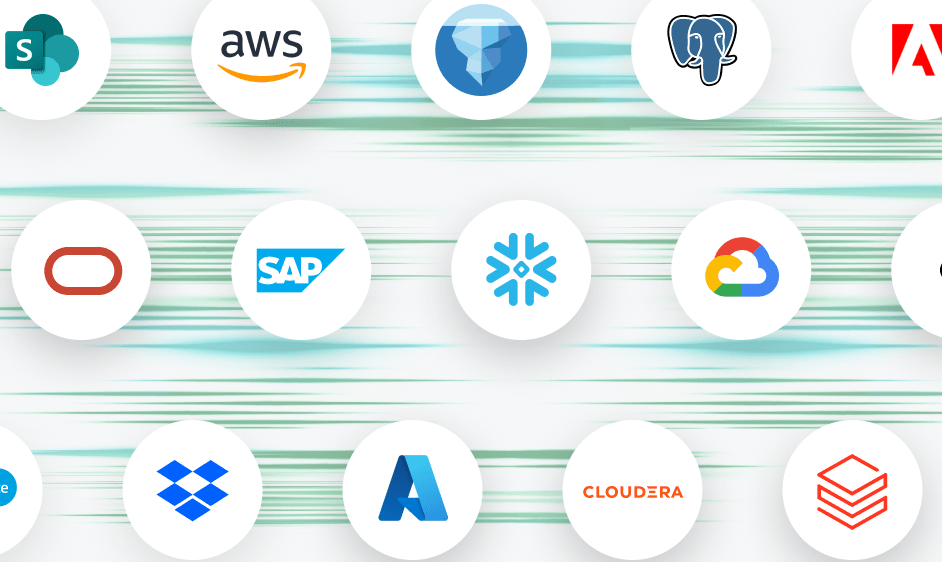 Logos of various technology and software companies are displayed in a grid. Sources and targets examples include AWS, Dropbox, Adobe, Google Cloud, Oracle, SAP, Snowflake, and Salesforce.