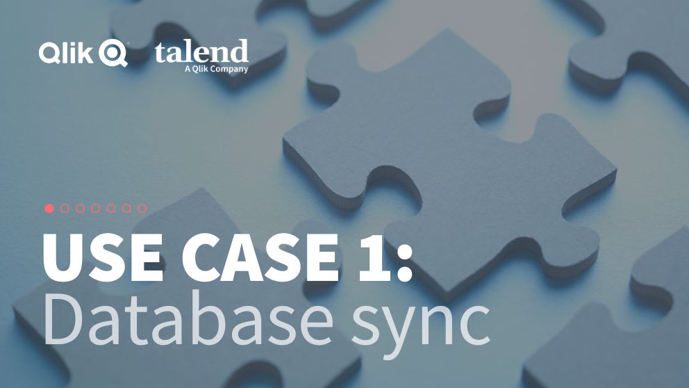 Close-up of interlocking puzzle pieces with the text "USE CASE 1: Database sync" on the lower half. Logos of Qlik and Talend are at the top.