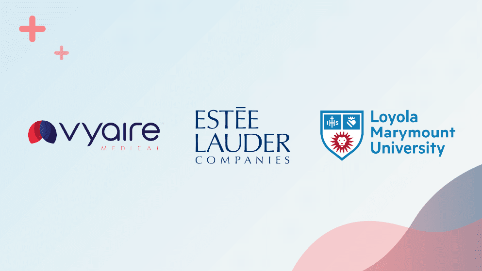 Logos of Vyaire Medical, Estée Lauder Companies, and Loyola Marymount University on a light gradient background with pink accents.