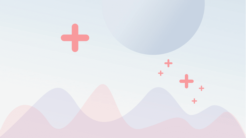 Abstract image with soft pastel-colored hills, a large moon or planet in the upper right, and several red plus signs scattered across. The background is a gradient of light blue and white.